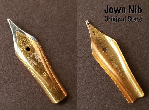 Close images of the front and back sides of the Jowo/Newton Pens two-tone steel nib (B) before being soaked in Organics Studio Aristotle Iron Gall ink.