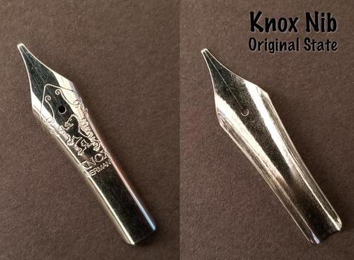 Close images of the front and back sides of the Knox #6 steel nib (1.1mm stub) before being soaked in Organics Studio Aristotle Iron Gall ink.