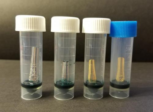 All four nibs (Knox, Pilot, Jowo, Bock) added to the vials of ink. There were 25 drops (approximately 0.5 ml) of ink added to each one.