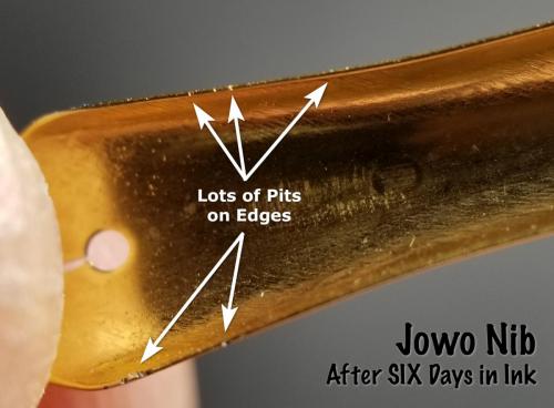 Underside view of the Jowo nib after six days in the Aristotle Iron Gall ink. This view shows many pits corroded along the outside edges of the nib.