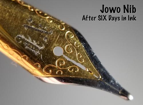 Top view of the Jowo nib after six days in the Aristotle Iron Gall ink. This view shows the damage to the steel around the nib's slit.