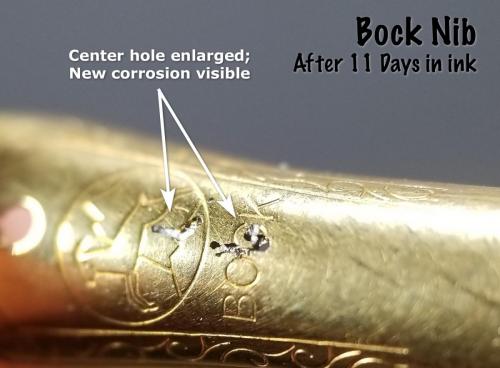 Top view of the Bock nib after 11 days in the Aristotle Iron Gall ink. This view shows the large pits in the face of the nib, including the hole corroded all the way through.