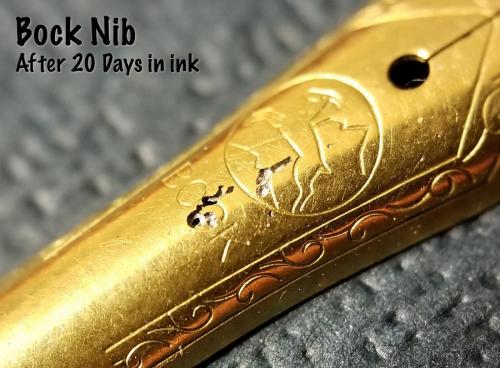 Top view of the Bock nib after 20 days in the Aristotle Iron Gall ink. This view shows the final state of the large pits and the holes corroded all the way through the nib.