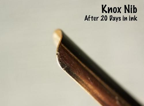 A view of the end of the Knox nib after 20 days in the Aristotle Iron Gall ink. The only blemish on this nib after nearly three weeks of soaking is this one pit. I'm starting to believe the pit was there before I started.